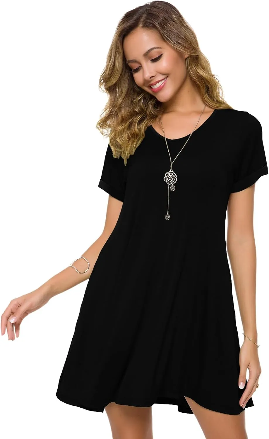 ZENNILO Women's Plus Size T Shirt Dresses with Pockets Casual Summer Dresses V Neck Short Sleeve Swing Dress for Women