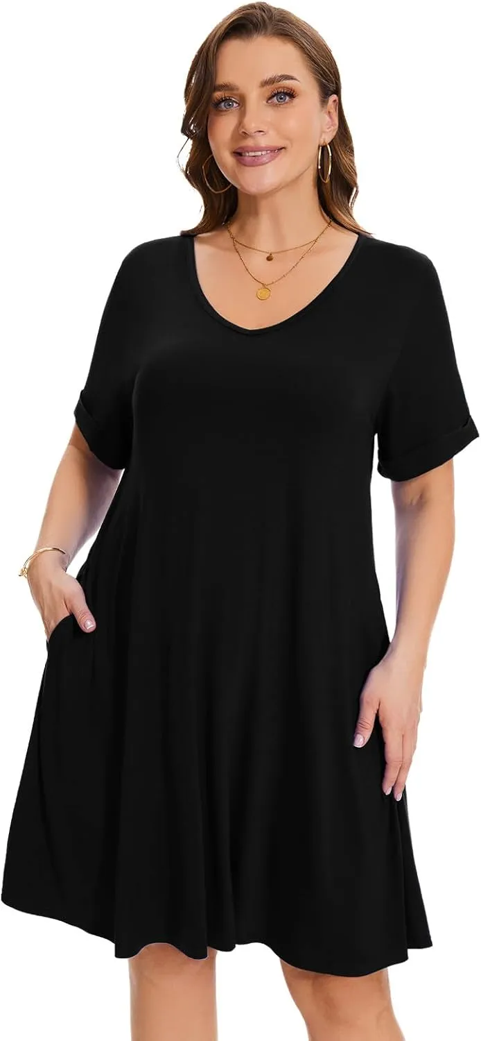 ZENNILO Women's Plus Size T Shirt Dresses with Pockets Casual Summer Dresses V Neck Short Sleeve Swing Dress for Women