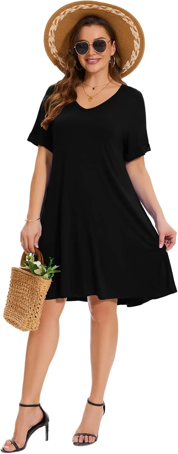 ZENNILO Women's Plus Size T Shirt Dresses with Pockets Casual Summer Dresses V Neck Short Sleeve Swing Dress for Women