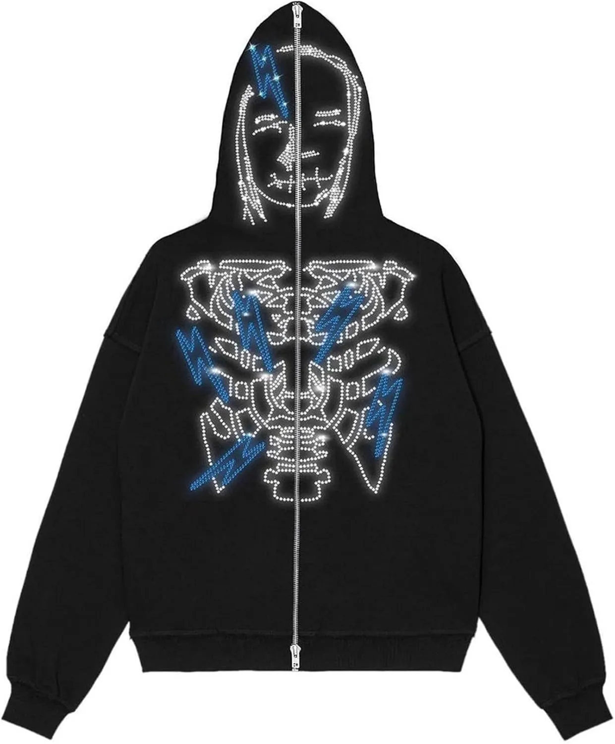 Zip Up Rhinestone Jacket for Men Women, Glitter Gothic Y2K Skeleton Head Hooded Sweatshirt