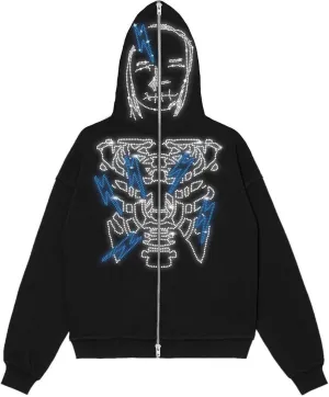 Zip Up Rhinestone Jacket for Men Women, Glitter Gothic Y2K Skeleton Head Hooded Sweatshirt