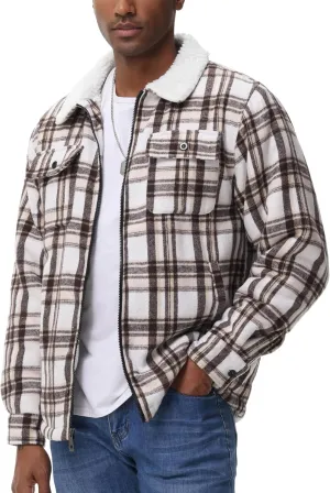ZITY Mens Flannel Jacket Lapel Full Zip Up Fleece Plaid Sherpa Lined Coat