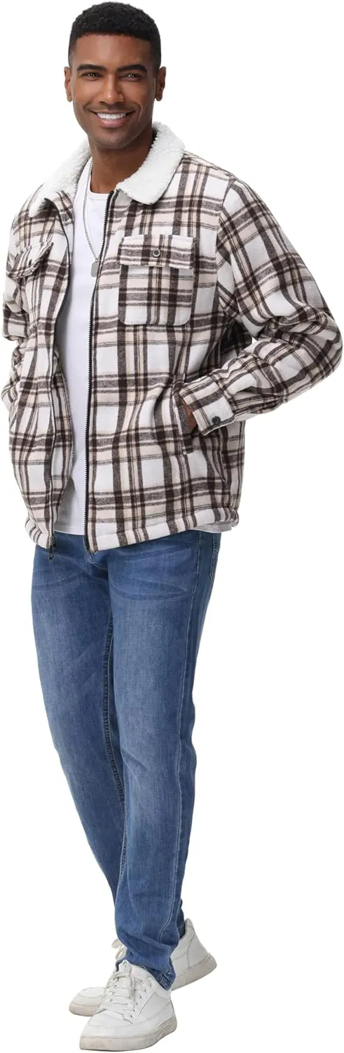 ZITY Mens Flannel Jacket Lapel Full Zip Up Fleece Plaid Sherpa Lined Coat