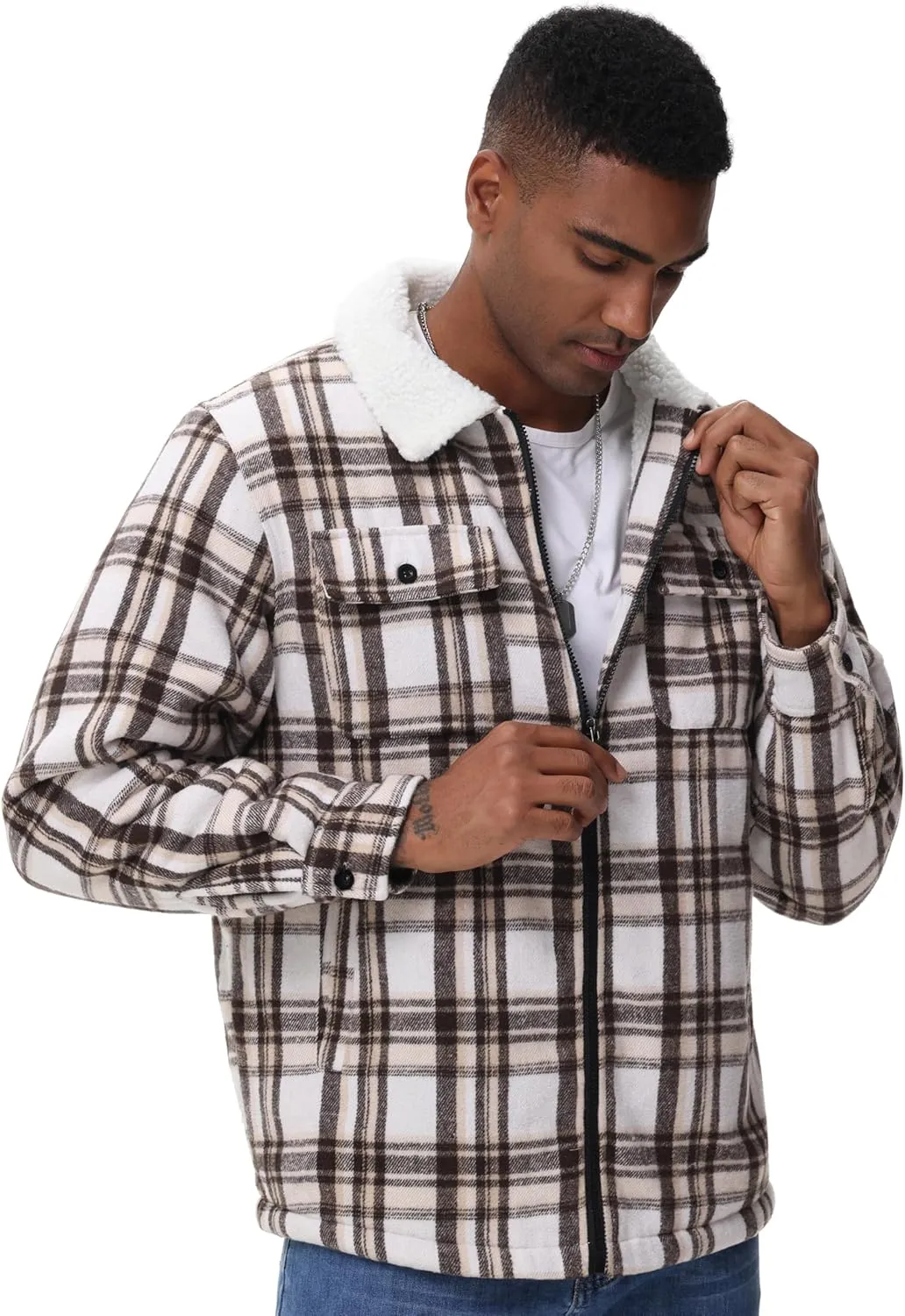 ZITY Mens Flannel Jacket Lapel Full Zip Up Fleece Plaid Sherpa Lined Coat