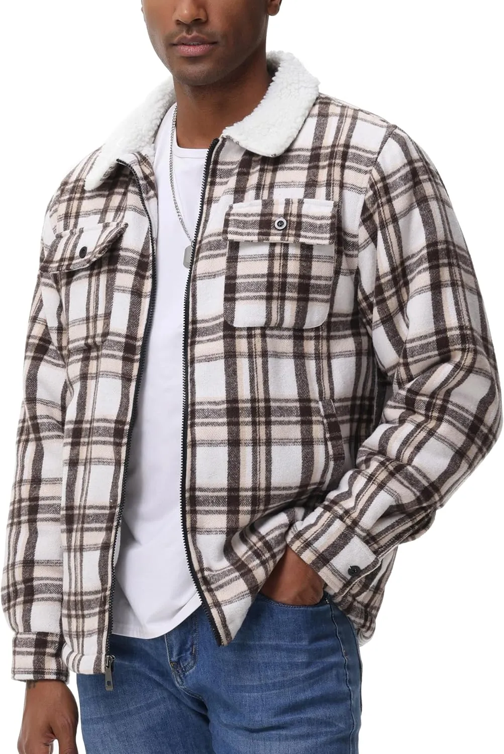 ZITY Mens Flannel Jacket Lapel Full Zip Up Fleece Plaid Sherpa Lined Coat