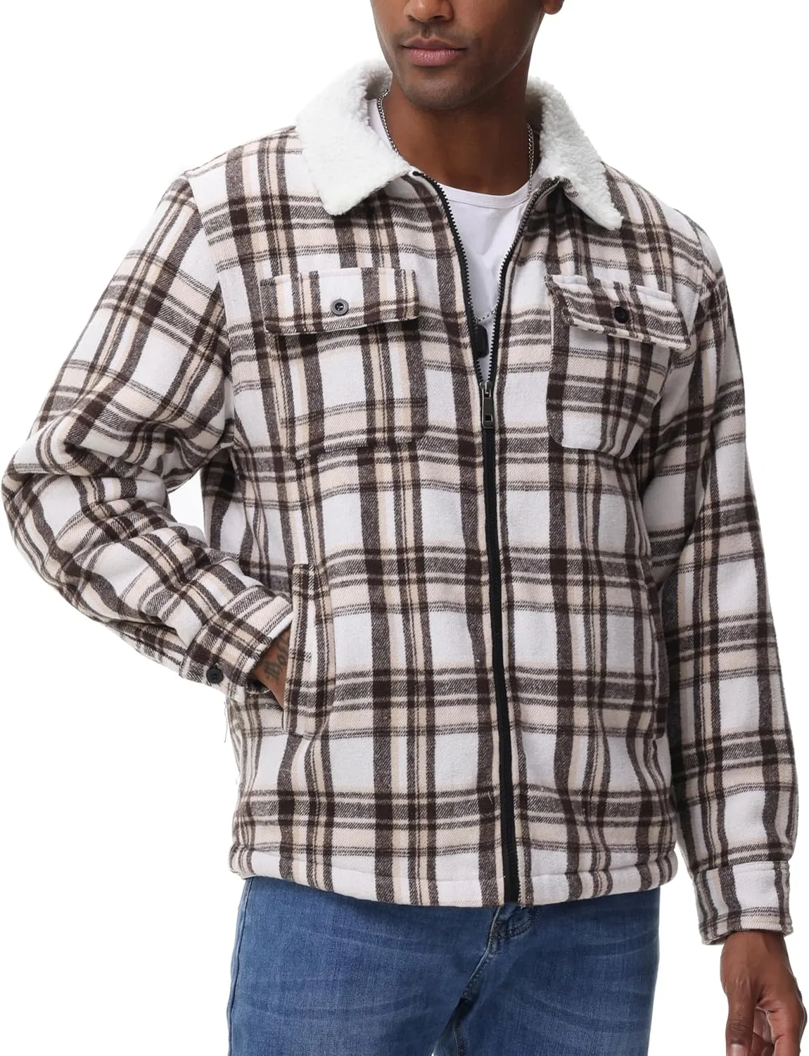 ZITY Mens Flannel Jacket Lapel Full Zip Up Fleece Plaid Sherpa Lined Coat