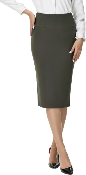 ZTN Skirts for Women Stretch High Waist Pencil Skirt Bodycon Business Skirt with Back Slit Below Knee