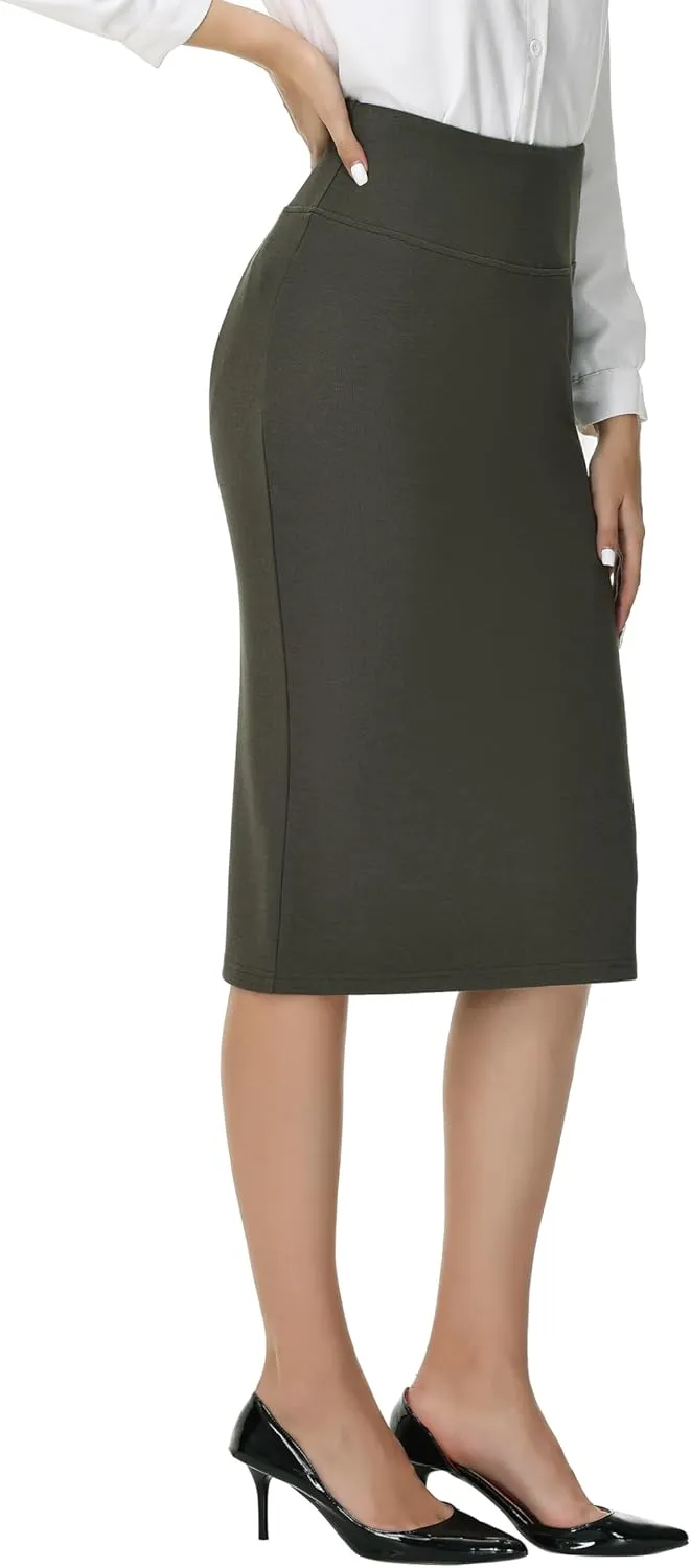 ZTN Skirts for Women Stretch High Waist Pencil Skirt Bodycon Business Skirt with Back Slit Below Knee