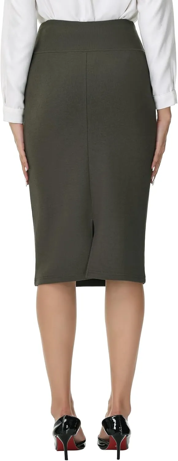 ZTN Skirts for Women Stretch High Waist Pencil Skirt Bodycon Business Skirt with Back Slit Below Knee