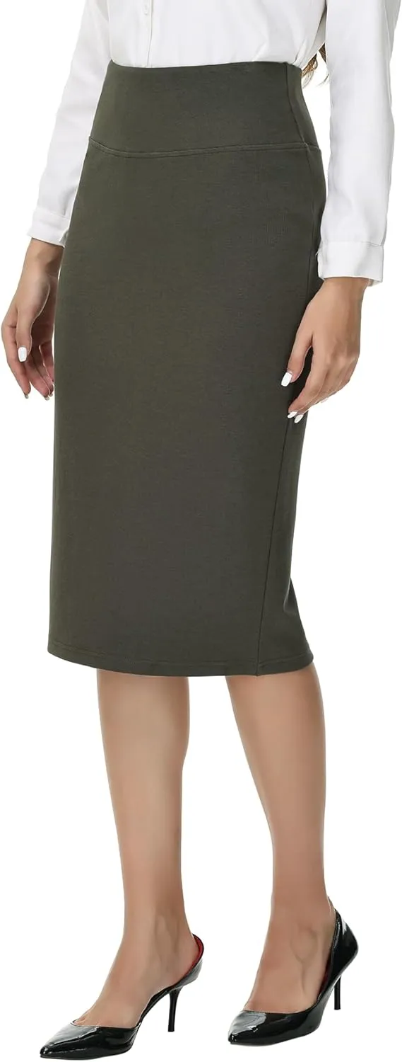 ZTN Skirts for Women Stretch High Waist Pencil Skirt Bodycon Business Skirt with Back Slit Below Knee