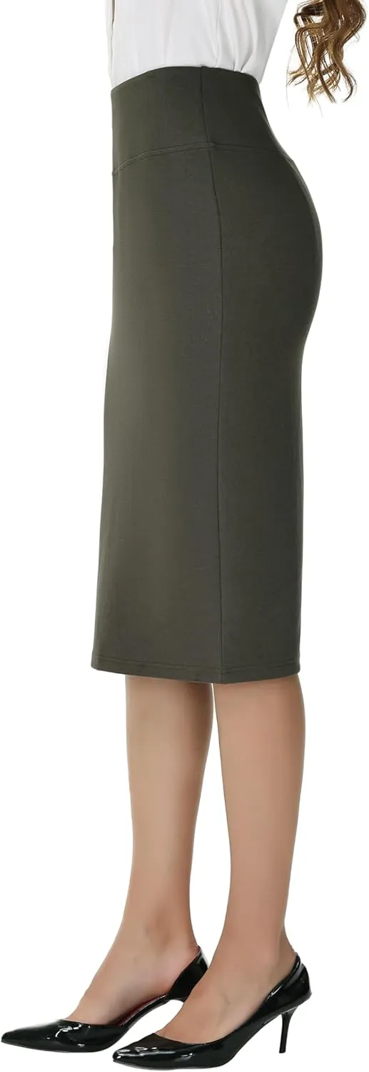 ZTN Skirts for Women Stretch High Waist Pencil Skirt Bodycon Business Skirt with Back Slit Below Knee